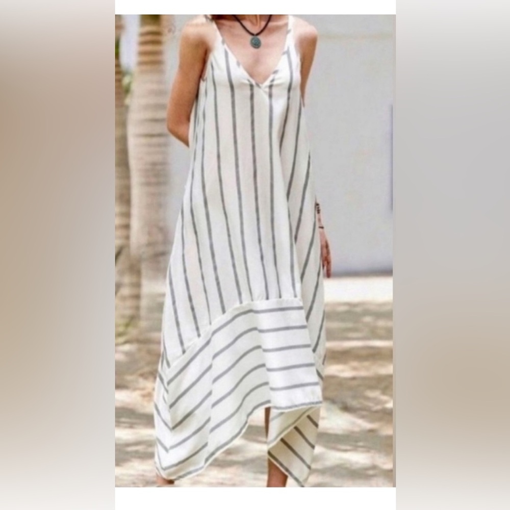Italian Linen Quiet Luxury Striped White Dress resort vacation wear M 6 8 10